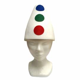 Chapeau de clown blanc avec pois rouges, verts et bleus