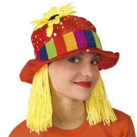 Chapeau de clown rouge à pois argentés et cheveux en laine
