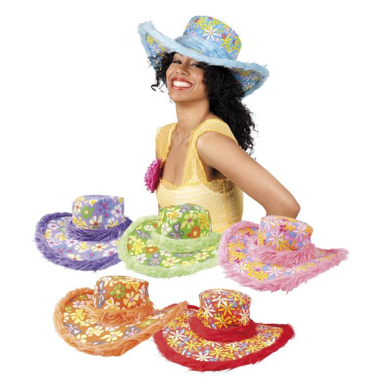 chapeau hippie de couleurs à fleurs bords fausse fourrure pour adulte