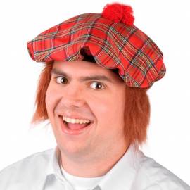 Béret écossais rouge ou vert avec faux cheveux roux à l'arrière
