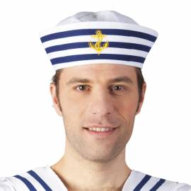 Chapeau de marin à bandes bleues et ancre jaune
