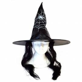 Chapeau pointu de sorcière avec cheveux de couleur et toile d&#039;araignée
