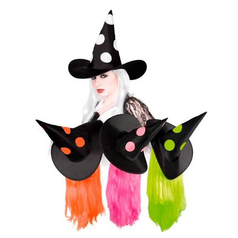 Chapeau pointu noir, de sorcière avec pois de couleur et cheveux assortis