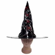 Chapeau pointu aspect vinyl noir avec chainettes et lacets rouges