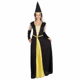 deguisement de princesse noir et jaune avec robe et chapeau pointu pour adulte