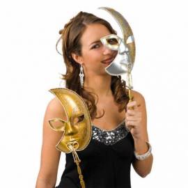 Demi masque vénitien brillant or ou argent avec un manche