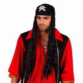 Longue perruque bouclée, noire avec bonnet de pirate