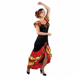 Robe rumba adulte satinée rouge, noire et jaune