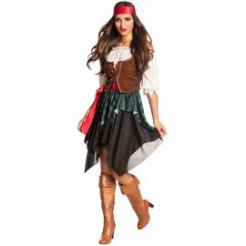Déguisement adulte de femme pirate blanc, noir et rouge