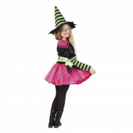 Deguisement enfant de sorcière noire, rose et verte